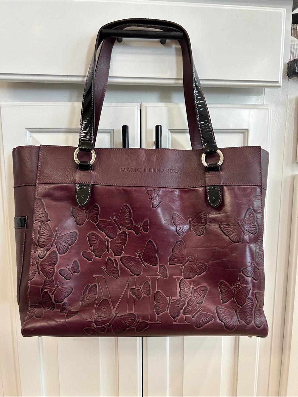 Mario Hernandez Burgundy Butterfly Embossed Leather Tote